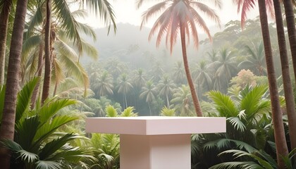 streamlined white podium or display stand taking up the majority of the frame, with a picturesque tropical panorama of waving palm trees and verdant, jungle-like flora in the distant background
