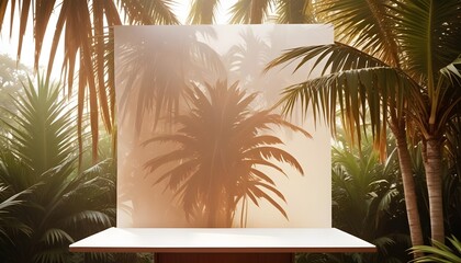 streamlined white podium or display stand taking up the majority of the frame, with a picturesque tropical panorama of waving palm trees and verdant, jungle-like flora in the distant background