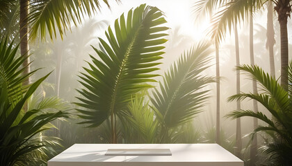 streamlined white podium or display stand taking up the majority of the frame, with a picturesque tropical panorama of waving palm trees and verdant, jungle-like flora in the distant background