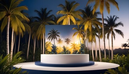 streamlined white podium or display stand taking up the majority of the frame, with a picturesque tropical panorama of waving palm trees and verdant, jungle-like flora in the distant background