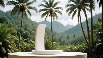 streamlined white podium or display stand taking up the majority of the frame, with a picturesque tropical panorama of waving palm trees and verdant, jungle-like flora in the distant background