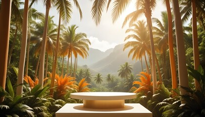 streamlined white podium or display stand taking up the majority of the frame, with a picturesque tropical panorama of waving palm trees and verdant, jungle-like flora in the distant background