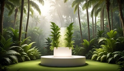 streamlined white podium or display stand taking up the majority of the frame, with a picturesque tropical panorama of waving palm trees and verdant, jungle-like flora in the distant background