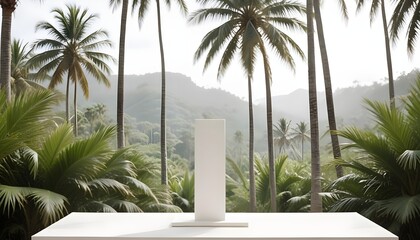 streamlined white podium or display stand taking up the majority of the frame, with a picturesque tropical panorama of waving palm trees and verdant, jungle-like flora in the distant background