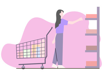 A girl picking product the the cart at supermarket vector flat art.