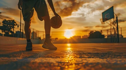 A silhouette of a basketball player dribbling the ball during a golden sunset