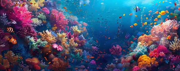 Obraz premium A vibrant coral reef bustling with activity, with colorful fish darting among intricate coral formations.