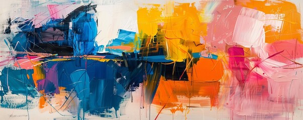 An abstract expressionist painting with bold colors and energetic brushstrokes.