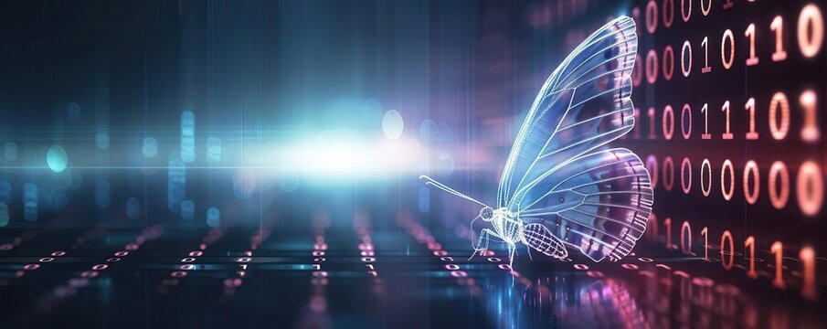 Digital butterfly with binary code patterns in a neon forest, Bug, binary, cyber nature