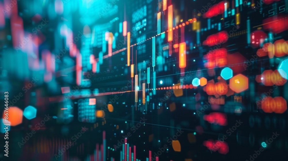 Aufkleber An abstract digital rendering of stock market data, featuring colorful charts and graphs against a dark background, depicting the fluctuating nature of the financial world