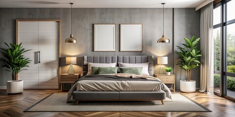 Stylish bedroom with blank poster mockup above bed, creating gallery-like environment, stylish, bedroom, blank, poster
