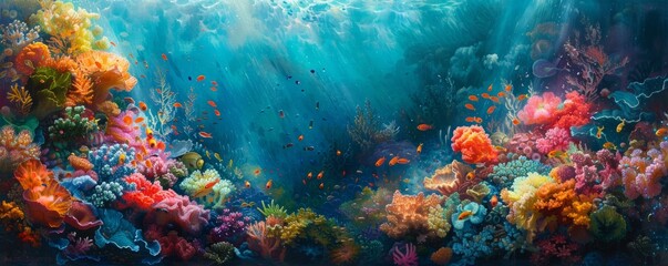 Beneath the waves, a vibrant world awaits, its coral reefs teeming with life in a riot of color and movement.