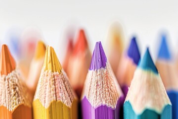 Color pencils (standing upright) (arranged by hue) (soft pastel tones) (white tabletop background)....