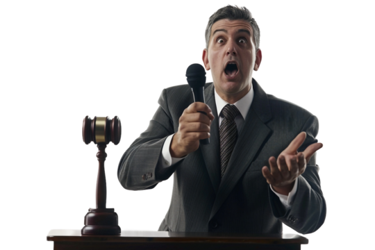 Attorney delivering persuasive speech to jury isolated on transparent background