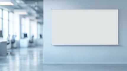 Clean and modern office interior with a blank whiteboard on the wall, perfect for presentations and brainstorming sessions.