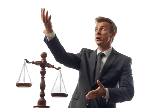 Legal professional debating in courtroom isolated on transparent background