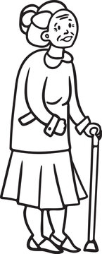recommend clip art: Kind granny with a stick line drawing vector illustration.