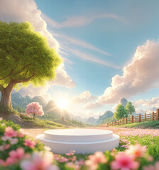 Center focused white podium image of a bright spring day with green field flowers, trees, fences, mountains and dramatic clouds for product presentations.