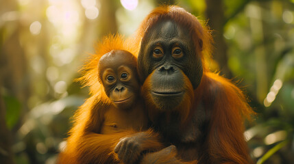 Obraz premium Tapanuli Orangutan and Her Infant in Lush Batang Toru Forest