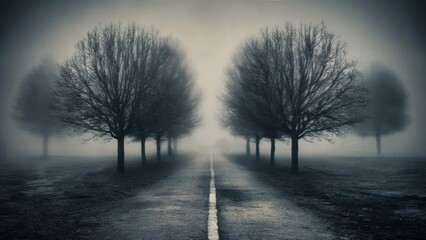 Blurry, gloomy landscape with foggy trees and a desolate, empty path. Grayish tones represent the feeling of isolation, depression and sadness