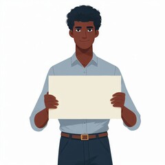 Man holds blank poster in his hands. Man shows blank sheet of paper