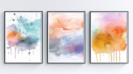 Three contemporary abstract art posters with watercolor splash designs, arranged horizontally on a white wall. The designs feature energetic splashes and drips with soft watercolor transitions in a