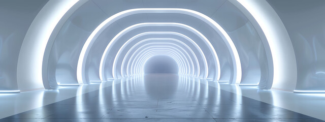 Obraz premium 光るネオンラインと光のエフェクトを持つ抽象的な白いトンネル。製品プレゼンテーションの背景,Abstract white tunnel with glowing neon lines and light effects. Product Presentation Background,Generative AI 