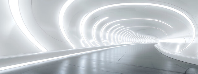 光るネオンラインと光のエフェクトを持つ抽象的な白いトンネル。製品プレゼンテーションの背景,Abstract white tunnel with glowing neon lines and light effects. Product Presentation Background,Generative AI	