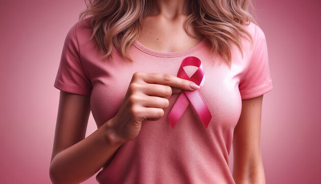 Women hold pink ribbon | Breast cancer awareness | October is Cancer Awareness Month