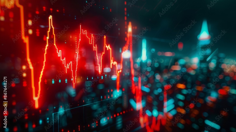Poster a close-up view of a stock market chart, with a vibrant red line representing price fluctuations, is