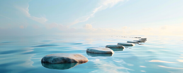 Stepping stones in calm water in the wide ocean.