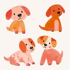 A set of cute illustrations of dogs in a simple style. Four different dogs with pink ears and brown spots. Suitable for children's projects and decor