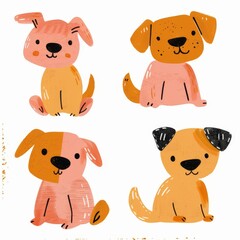 Fototapeta premium A set of cute illustrations of dogs in a simple style. Four different dogs with pink ears and brown spots. Suitable for children's projects and decor