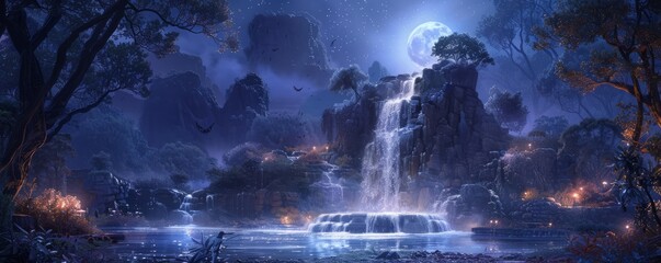 Fototapeta premium A mystical fountain glistens in the moonlight, its waters said to hold the key to eternal youth and boundless wisdom.