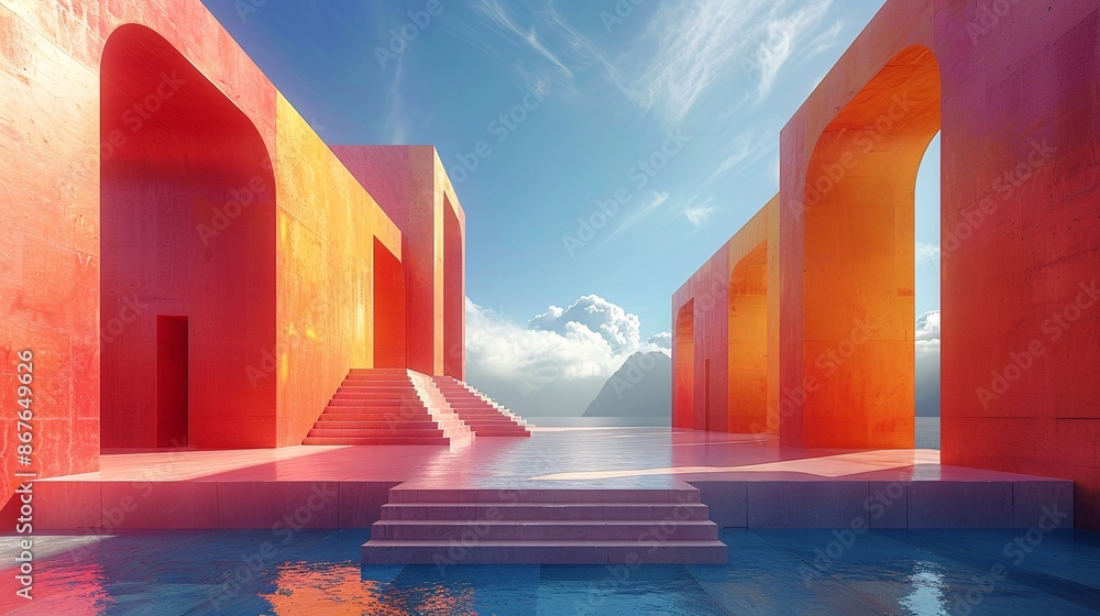 Poster surreal 3d rendering of minimal architecture, featuring an abstract arrangement of geometric shapes 