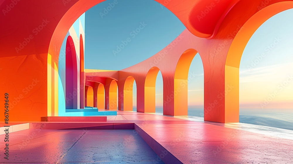 Poster 3d render of an abstract minimal architecture background with surreal geometric shapes and a clean, 