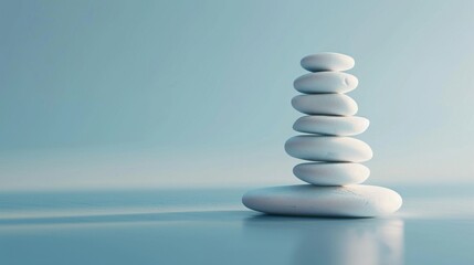 Obraz premium Balanced stack of smooth white stones on a blue surface, zen and serenity concept
