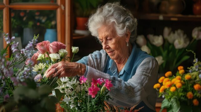 Senior woman arranging flowers, retirement, floral art
