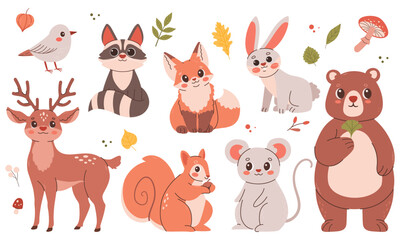Big set of cute forest autumn animals, birds, plants. Fall season stickers and clipart. Thanksgiving design on white.