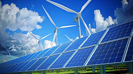 Harnessing nature's power with solar panels and wind turbines under a clear blue sky.