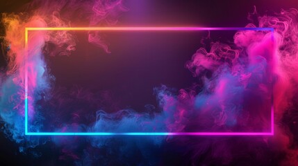 Neon frame with colorful smoke on dark background