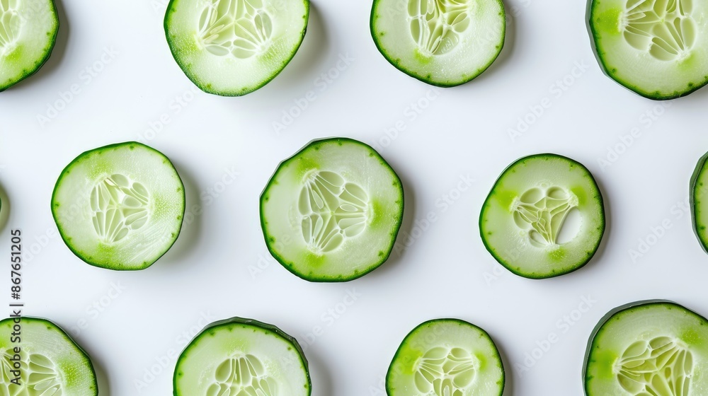 Aufkleber cucumber slices on white background with space for text top view flat lay pattern set of slices