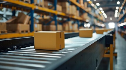 Packages on conveyor belt in modern intelligent distribution center.