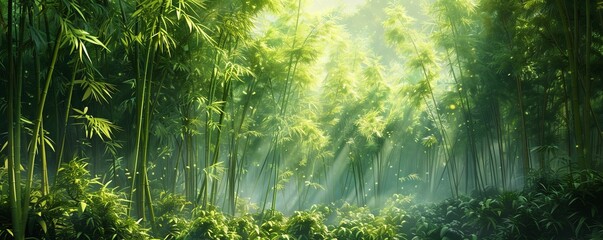 Obraz premium A tranquil bamboo grove swaying gently in the breeze, with sunlight filtering through the dense canopy.