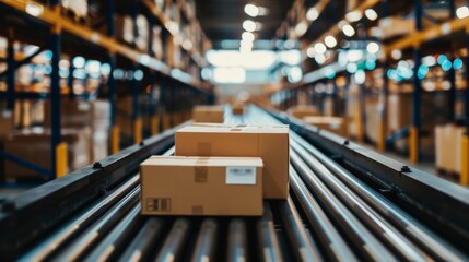 Packages on conveyor belt in modern intelligent distribution center.