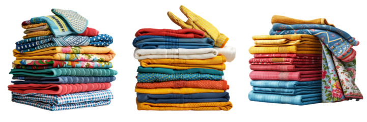 set of a stack of colorful kitchen towels and oven mitts on transparent background