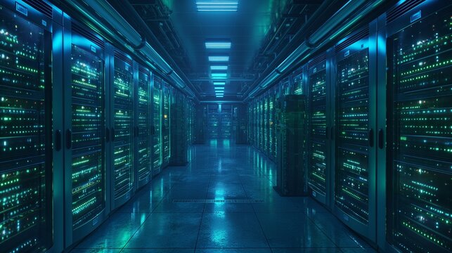 High-Tech Server Room with Illuminated Racks Under Neon Lights
