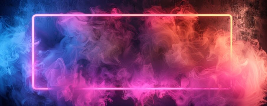 Neon rectangle frame with colorful smoke effect on dark background