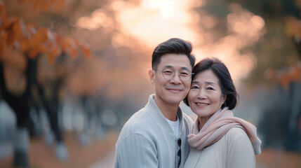 Obraz premium Joyful couple smiling warmly, standing in an autumn park at sunset with vibrant foliage and soft, golden light.