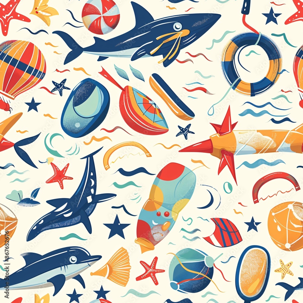 Poster a seamless pattern showcasing detailed illustrations of summer fun items like kites, beach balls, an